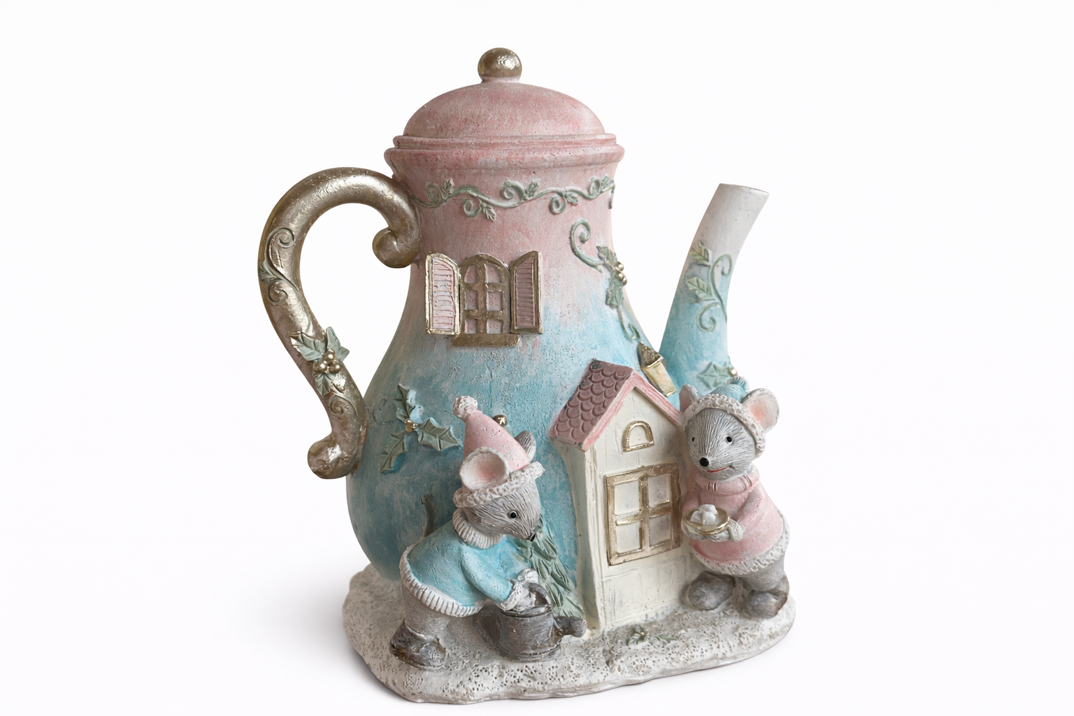 Théière maison enchantée avec petites souris – Décoration féerique
